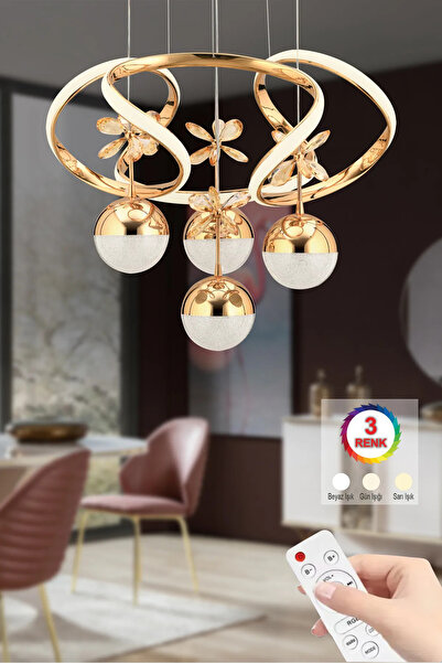 Mobzar Modern Dimmerli 3 Renk Salon Mutfak Oturma Odası Avize Gold Sarı Led A...