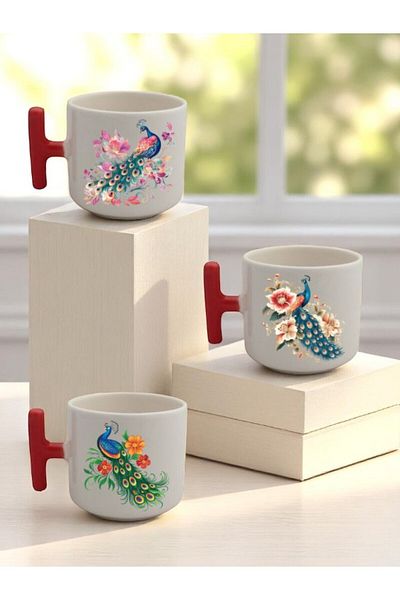 lili hediyelik Flower and Peacock Printed 3-Piece Ceramic Mug with Red Handle