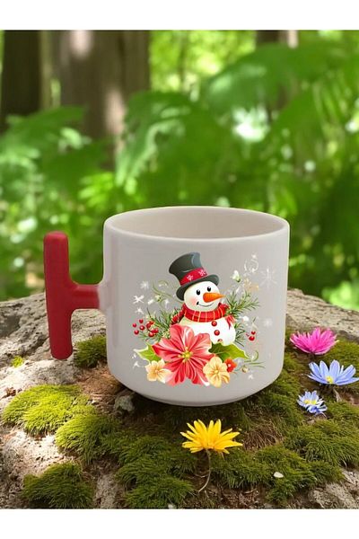 lili hediyelik Flower and Snowman Printed 3-Piece Red Handled Ceramic Mug