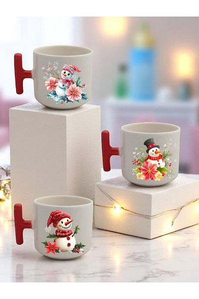 lili hediyelik Flower and Snowman Printed 3-Piece Red Handled Ceramic Mug
