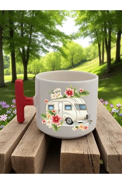 lili hediyelik Flower and Caravan Printed 3-Piece Ceramic Mug with Red Handle