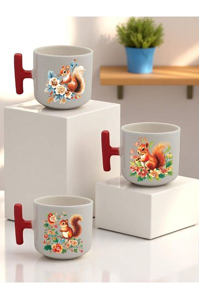lili hediyelik Flower and Squirrel Printed 3-Piece Red Handled Ceramic Mug