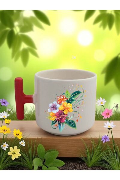 lili hediyelik Minimal Flower Printed 3-Piece Red Handled Ceramic Mug