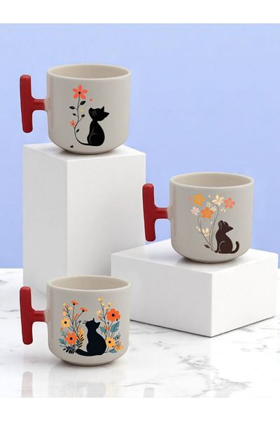 lili hediyelik Flower and Cat Printed 3-Piece Red Handled Ceramic Mug