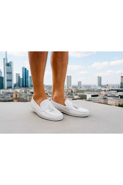 Growish Gr0312 Genuine Leather Saddler Rok Model Men's Tasseled White Color Loafer Shoes