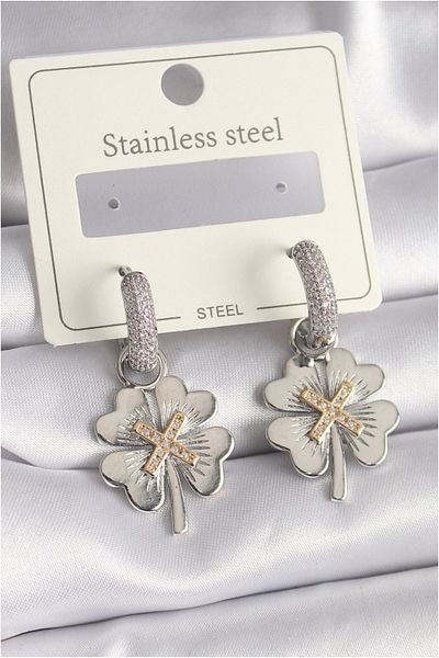Skygo 316L Steel Silver Color Zircon Stone Clover Model Women's Earrings - Tj-Bkp9695