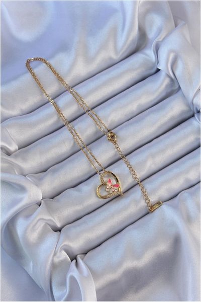 feifei 316L Steel Chain Gold Color Enamel Butterfly Figure Zircon Stone Heart Necklace - Tj-Bko9107