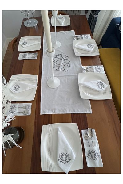 Menar Tasarım Lotus Flower Embroidered Runner Napkin Spoon Holder Service Set 6 Person Dining Table Cloth Set