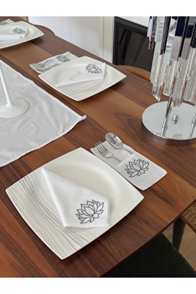 Menar Tasarım Dining Presentation Set 6-Person Tablecloth Set Runner Napkin Spoon Holder Lotus Flower Tableware