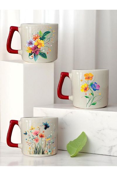 lili hediyelik Flower Printed Red Handle 3-Piece Mug Cup Ceramic Coffee Cup