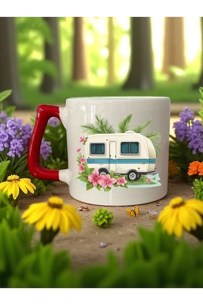 lili hediyelik Caravan and Flower Printed Red Handled 3-Piece Mug Cup Ceramic Coffee Cup