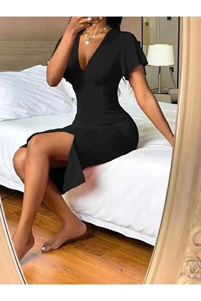 Genel Markalar Kadın Kısa Kollu Derin Dekolte V Yakalı Yırtmaçlı Midi Janjan Krep Elbise