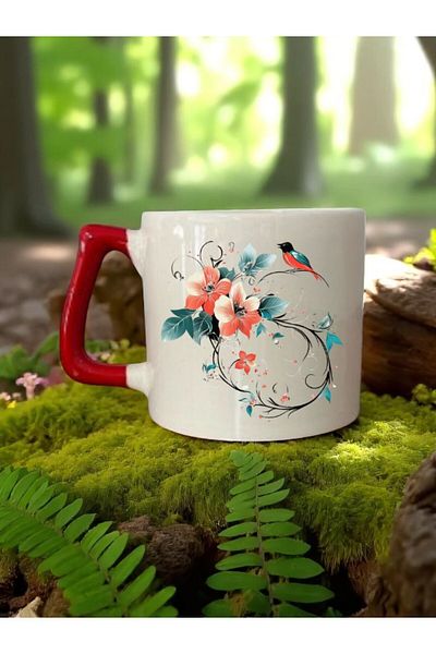 lili hediyelik Bird and Flower Printed Red Handled 3-Piece Mug Cup Ceramic Coffee Cup