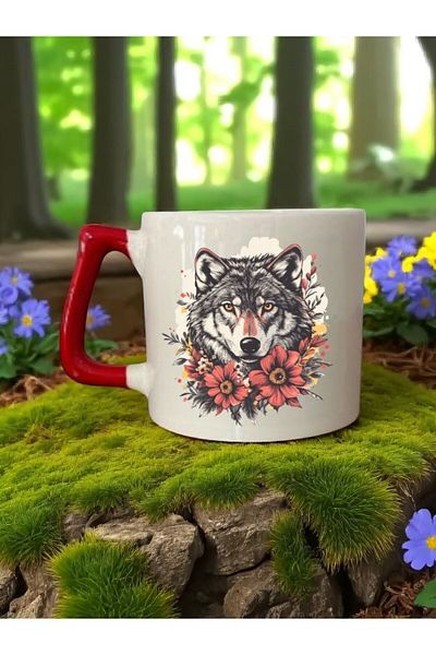 lili hediyelik Wolf and Flower Printed Red Handled 3-Piece Mug Cup Ceramic Coffee Cup