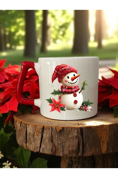 lili hediyelik Snowman and Flower Printed Red Handle 3-Piece Mug Cup Ceramic Coffee Cup