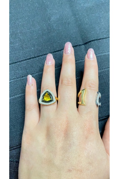 GLOWVİA AKSESUAR Gold and Zircon Stone Design Adjustable Steel Ring