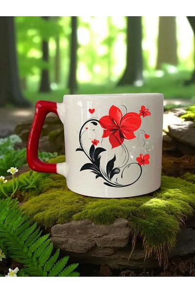 lili hediyelik Flower Pattern Printed Red Handle 3-Piece Mug Cup Ceramic Coffee Cup