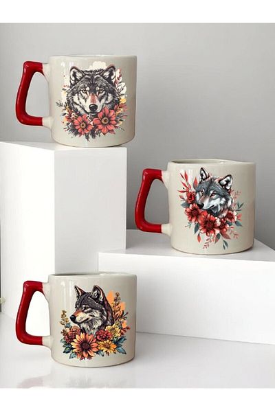 lili hediyelik Wolf and Flower Printed Red Handled 3-Piece Mug Cup Ceramic Coffee Cup