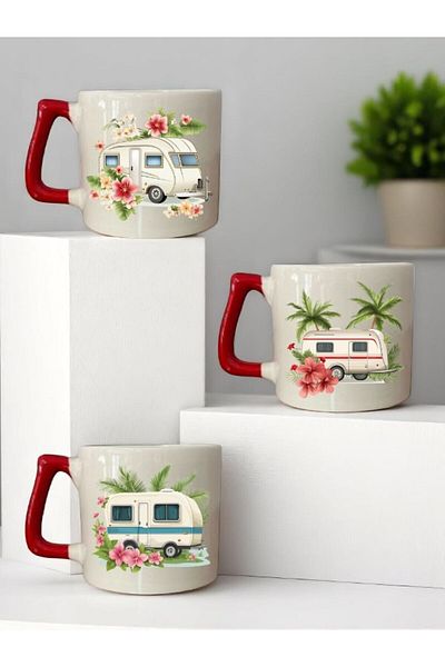 lili hediyelik Caravan and Flower Printed Red Handled 3-Piece Mug Cup Ceramic Coffee Cup