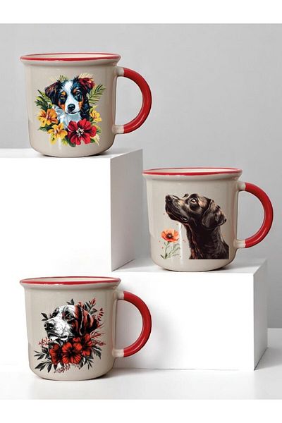 lili hediyelik Dog and Flower Printed Mouth Red 3-Piece Ceramic Mug