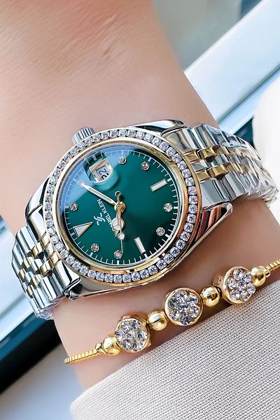 Daniel Klein Small Case Waterproof Women Wristwatch Gold Silver Green Steel Cord Gift Bracelet Dkby2034C3