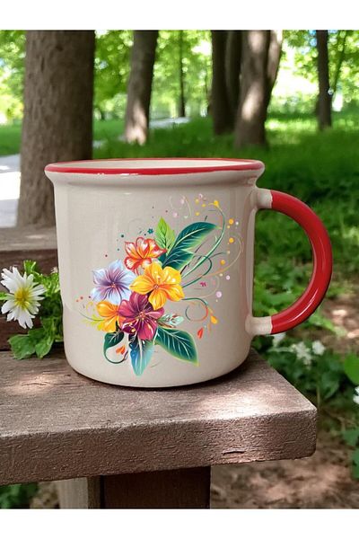lili hediyelik Flower Printed Red Mouth 3-Piece Ceramic Mug