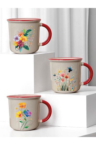 lili hediyelik Flower Printed Red Mouth 3-Piece Ceramic Mug