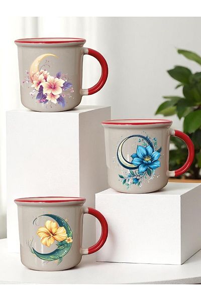 lili hediyelik Moon and Flower Printed Red Mouth 3-Piece Ceramic Mug