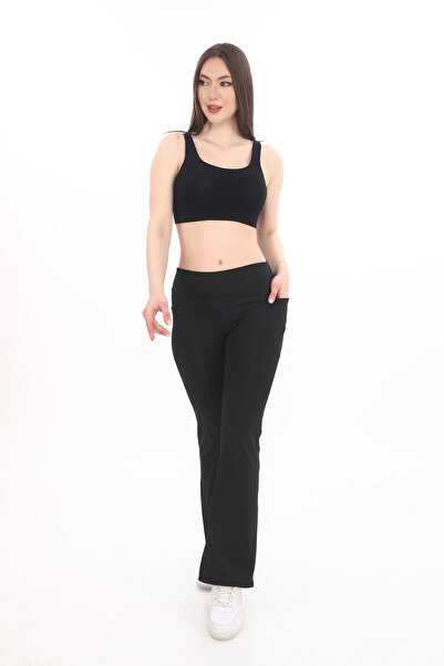 Sh Mağazacılık Γυναικείο μαύρο ψηλόμεσο κολάν με διπλή τσέπη