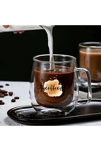 ODİ HOME 2 Pieces Odi Home Double Wall Glass Mug Cup Double Wall Cup with Handle 250 ml