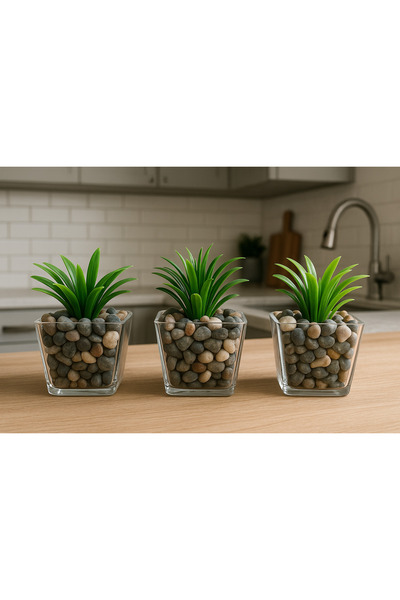 Süs ağacı 3’lü Doğal Taş Saksıda Yapay Yeşillik Yapay Çiçek Banyo Çiçeği 6cmx10cm