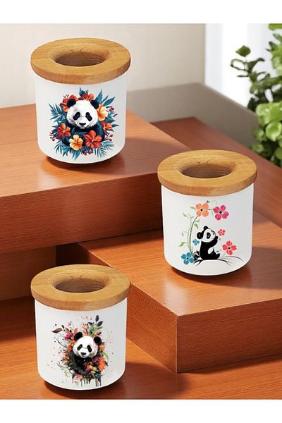 lili hediyelik Suport pentru stilou de birou din lemn din 3 piese cu imprimeu panda și flori, cutie pentru creion, cadou de birou