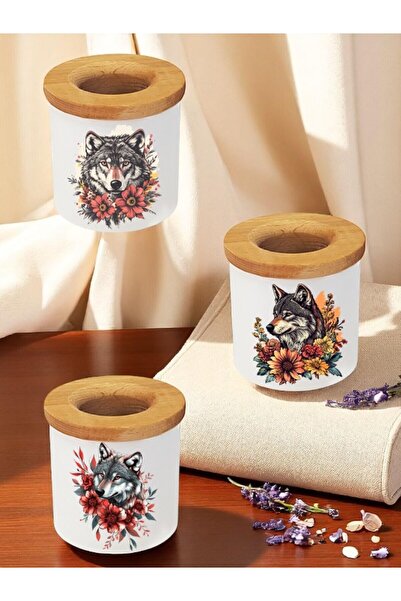 lili hediyelik Wolf and Flower Printed 3 τεμαχίων Ξύλινη κεραμική θήκη για στ...