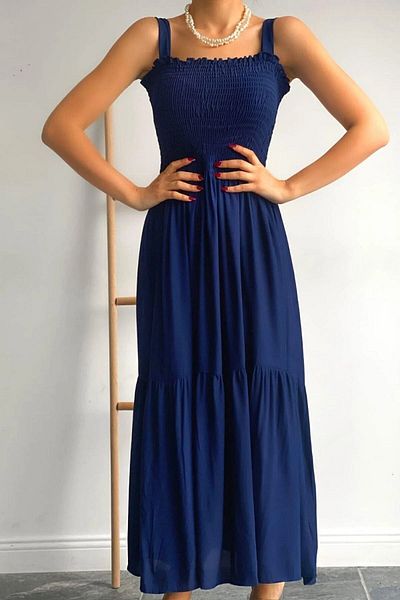 MaxiMor Rochie lungă casual țesută cu fustă pliată cu bretele bleumarin (130 cm)