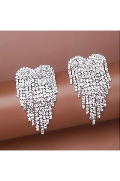 mos&more White Stone Dangle Heart Women's Evening Dress Earrings