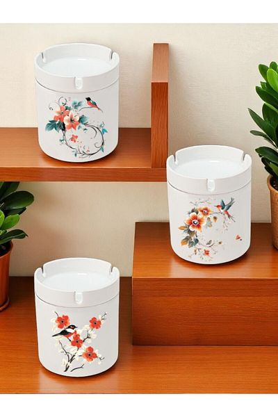 lili hediyelik Bird and Flower Printed 3-Piece Ceramic Ashtray Ash Tray