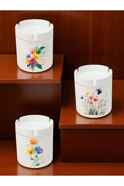 lili hediyelik Flower Printed 3-Piece Ceramic Ashtray Ash Tray