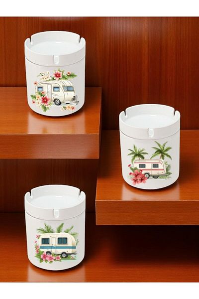 lili hediyelik Caravan and Flower Printed 3-Piece Ceramic Ashtray Ash Tray