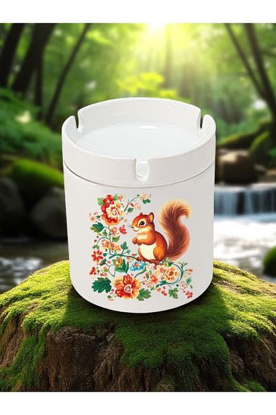 lili hediyelik Squirrel and Flower Printed 3-Piece Ceramic Ashtray Ashtray