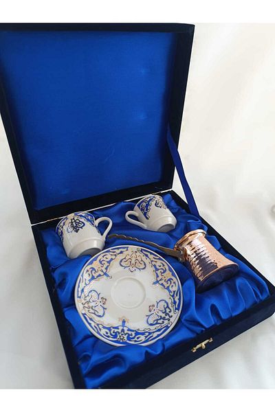 Nihal Süeda Velvet Boxed Crown Model Copper Coffee Pot Double Porcelain Cup Set