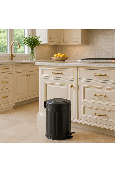 Veliday Vintage Siyah Çöp Kovası Çöp Kutusu Çizgili Model 12 Litre