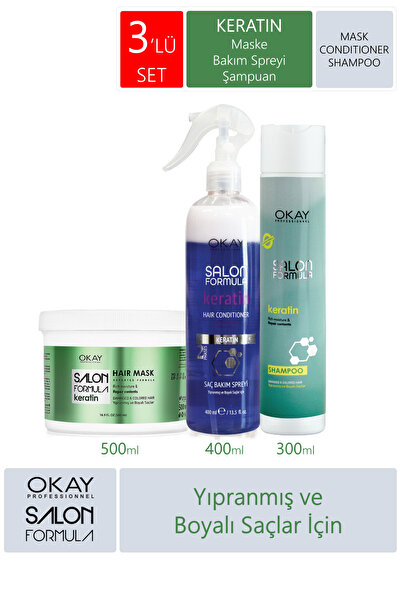 OKAYPROFESSIONNEL SALON FORMULA 3'LÜ KERATIN Bakım Seti (Maske500ml+Şampuan30...