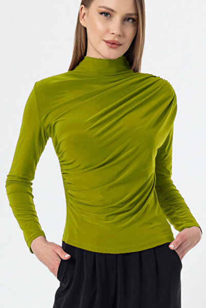 VODENS Bluză de damă, verde, cu șnur, cu guler vertical, nisip