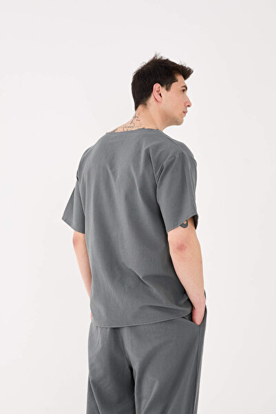 RELAXL 100% Cotton Şile Cloth Dirty Collar Oversize Men's Dark Gray T-Shirt Yoga Wear