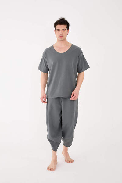 RELAXL 100% Cotton Şile Cloth Dirty Collar Oversize Men's Dark Gray T-Shirt Yoga Wear