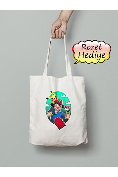 Akumastik حقيبة قماش بوكيمون آش كيتشوم بيكاتشو 35 × 40 سم - حقيبة أنمي - حقيبة حمل - حقيبة لطيفة