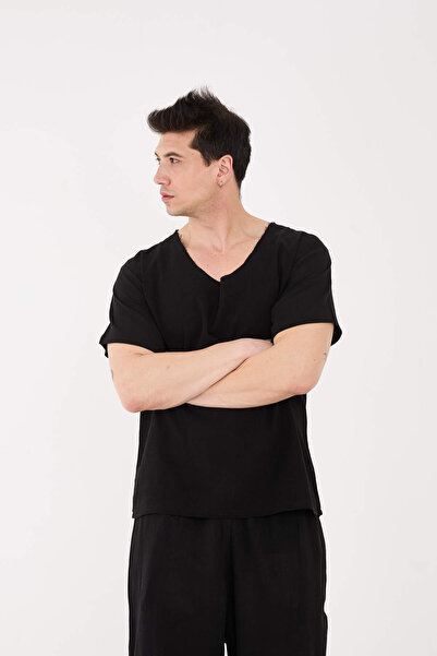 RELAXL 100% Cotton Şile Cloth Dirty Collar Oversize Men's Black T-Shirt Yoga Wear