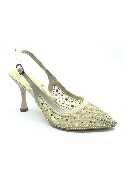 Kocamanlar Ayakkabı Feles Open Back Transparent Stone Detailed Cinderella Women's Heeled Shoes Gold