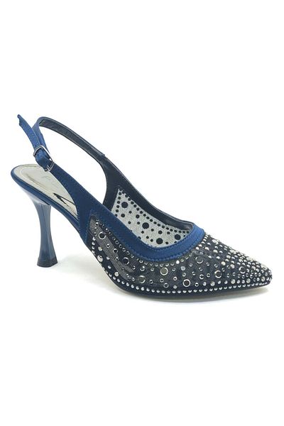 KOCAMANLAR Feles Open Back Transparent Stone Detailed Cinderella Women's Heeled Shoes Navy Blue