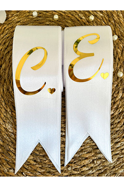 imzatasarım Kişiye Özel Harfli Kalpli Nişan Düğün Takı Kurdelesi 6 Cm Eninde 2 Adet Tek Uca Harf (TARİHSİZ)